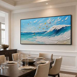Bright panoramic sailboat and wave wall art displayed in a refined dining room.