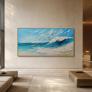 Panoramic sailboat and wave wall art displayed in an upscale hotel lobby.