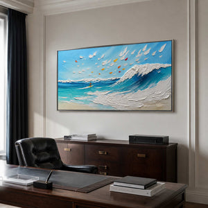 Panoramic blue wave wall art displayed in a modern private office.