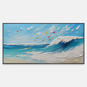 Hand-painted panoramic coastal wall art with small sails, turquoise water, and white surf.