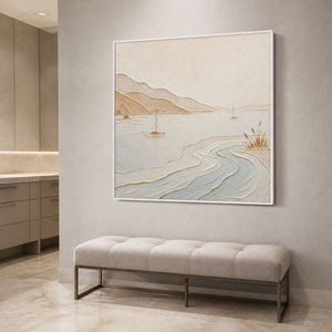 Restful pale blue coastal canvas in a bright bathroom.