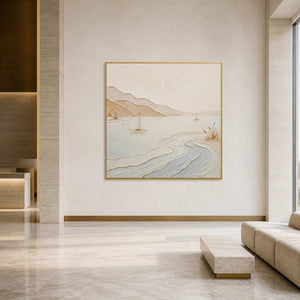 Large minimalist coastal artwork in an airy hotel art lobby.