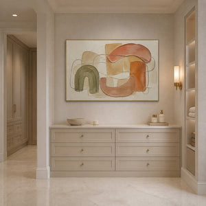 Warm textured boho wall art displayed in a bright modern bathroom.