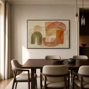 Warm textured boho wall art displayed above a wood dining table.