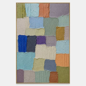 Hand-painted vertical abstract canvas with raised blue, sage, ivory, lavender, and ochre blocks.