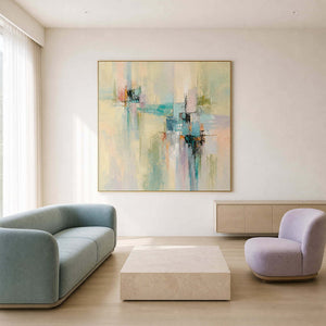 Colorful textured abstract wall art in an airy modern living room.