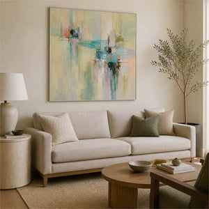 Pastel geometric artwork above a warm neutral living room sofa.