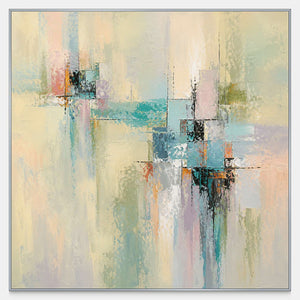 Hand-painted geometric abstract canvas in aqua, yellow, blush, and charcoal.