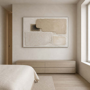 Neutral textured painting displayed in a soft ivory ash wood bedroom.