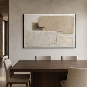 Minimalist relief artwork displayed in a gray-beige walnut dining room.