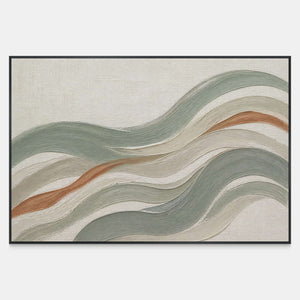 Horizontal coastal wall art with layered sage, ivory, stone, and clay waves.