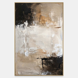Vertical beige abstract painting with a pale center and contrasting black corner marks.