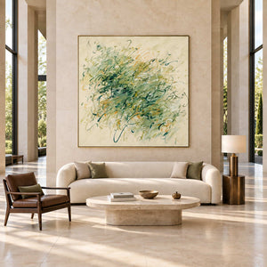 Spring Comes Calling in a gold frame above a cream sofa and round stone table in a tall-windowed lobby.
