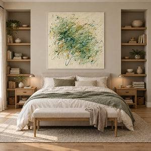 Spring Comes Calling in a white frame above a neutral bed between shelves, with a soft green throw.