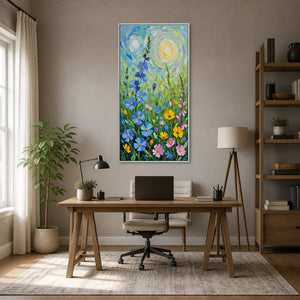 Silver-framed floral painting above a wooden office desk with a laptop and cream chair.