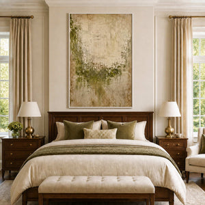 White framed weathered green abstract artwork above a bed with olive cushions.
