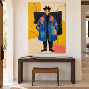 Hand-painted modern portrait of a cobalt-coated figure against coral, mustard, cream, and black, displayed in an entrance hall without an outer frame.