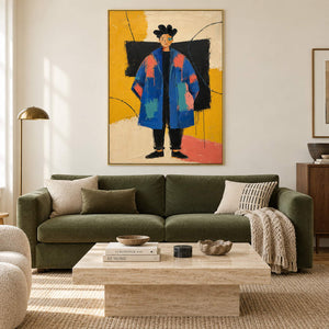 Hand-painted modern portrait of a cobalt-coated figure against coral, mustard, cream, and black, displayed in a living room in a gold frame.