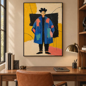 Hand-painted modern portrait of a cobalt-coated figure against coral, mustard, cream, and black, displayed in a study in a black frame.