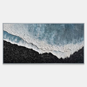 Panoramic pale blue texture meets raised white edges above a speckled black field.
