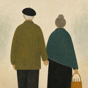 Close-up of the elderly couple painted in olive, teal, and charcoal.
