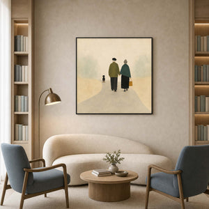 Minimalist people painting styled in a coastal wellness library lounge.