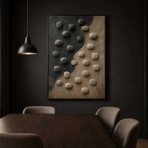 Sculpted neutral abstract artwork above a dark walnut dining table.