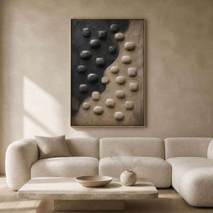 Earth-toned textured abstract wall art in a warm modern living room.