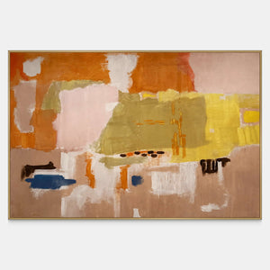 Horizontal abstract artwork with orange, blush, and yellow-green blocks plus small blue accents.