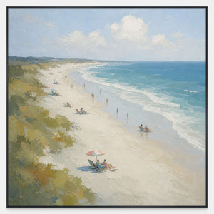 Turquoise shoreline with summer visitors, pale sand, and soft dune grass.