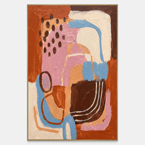 Rust, pink, cream and blue shapes overlap loose curves and brown dots.