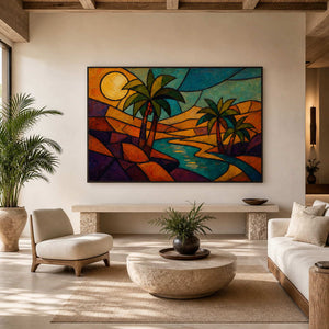 Colorful palm landscape displayed in a coastal resort lobby.