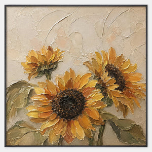 Hand-painted textured sunflower wall art in warm tones, green, and beige & cream.