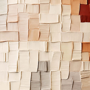 Close-up of raised cream and peach rectangles with uneven edges, gray shadows, and rust accents.