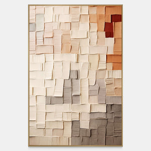 Vertical abstract wall art with raised cream, peach, gray, and rust rectangles in a grid.