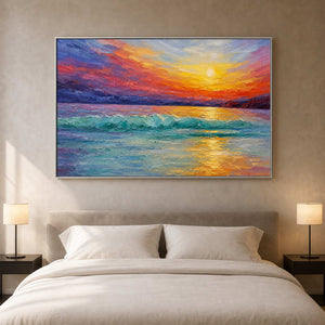 Turquoise wave wall art glowing above a warm neutral bedroom.