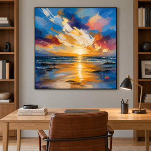 Square textured seascape in cobalt blue coral and molten gold, displayed in a study in a black frame.