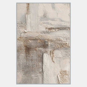Tall pale abstract with cream and warm gray patches, sandy brown traces, and fine mesh-like texture concentrated at lower left.