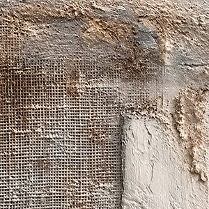 Close-up of mesh-like markings beneath uneven cream, gray, and sandy brown texture.
