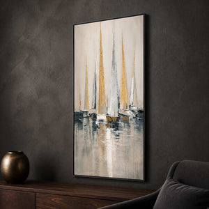 Tall sailboat artwork displayed against a deep graphite lounge wall.
