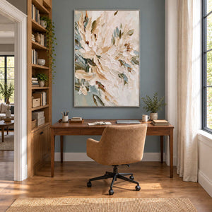 Tenderly in Bloom in a silver frame above a wood desk and tan office chair against a blue-gray wall.