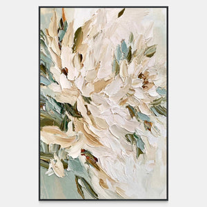 Front view of Tenderly in Bloom, a vertical painting of overlapping cream blossoms and muted green foliage with raised petal strokes.