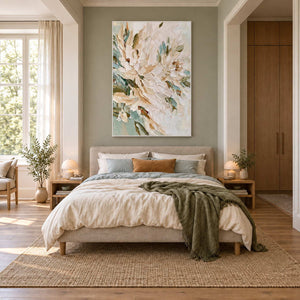 Tenderly in Bloom in a white frame above a neutral bed and olive throw against a sage-green wall.