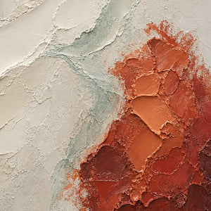 Close-up of raised hand-painted texture in earth tones, white, and neutral.