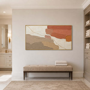 Warm terracotta abstract wall art displayed in a serene modern bathroom.
