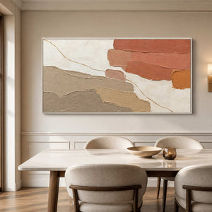 Earth tone abstract wall art displayed above an elegant dining table.