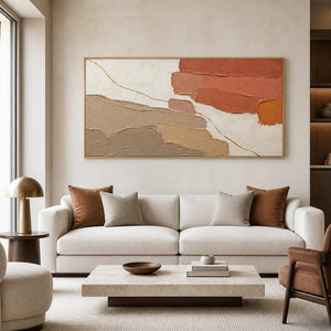 Terracotta textured abstract wall art in a warm contemporary living room.