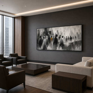 Atmospheric figurative wall art displayed in an executive club lounge.