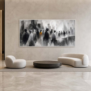 Contemporary panoramic figure wall art in a hotel lobby with a white frame.
