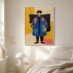 Modern blue portrait wall art displayed in a warm white creative bedroom.